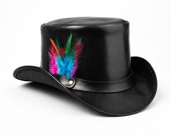 Handmade Black Leather Top Hat with Rainbow Feathers Steampunk Gothic Headwear Colorful Festival Cosplay Costume Unique Biker Gift