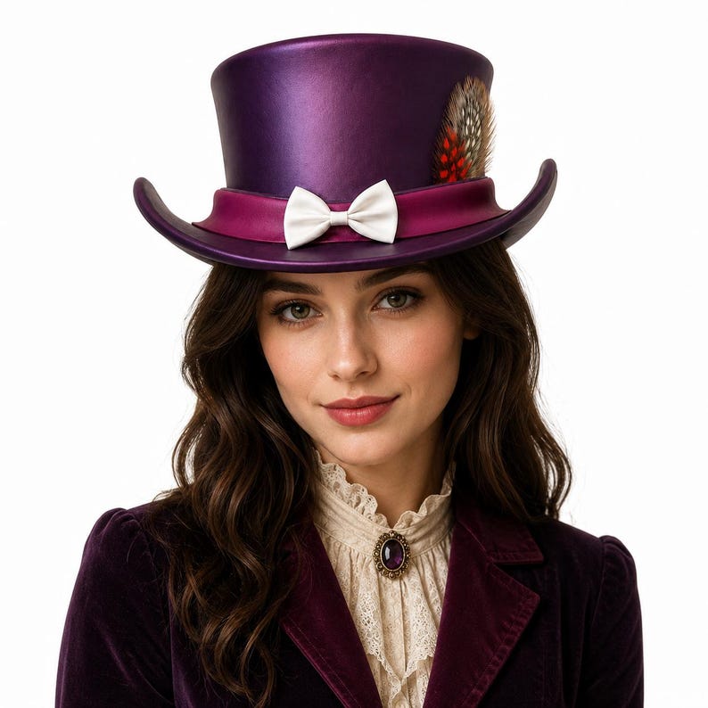 Purple Top Hat, Leather Costume Hat, Mad Hatter Hat, Victorian Style Hat, Gothic Fashion Hat, Handmade Topper, Cosplay Headwear, Fantasy Event Hat, Feather Detail Hat, Festival Accessory, Custom Leather Hat, Alternative Fashion, Unique Formal Hat