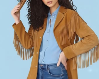 Women Western Fringe Suede Leather Jacket Vintage Brown Cowgirl Jacket Boho Tan Fringe Coat Handmade Festival Outfit Country boutique