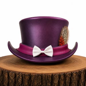 Handmade Purple Steampunk Leather Top Hat Mad Hatter Gothic Costume Accessory Victorian Gothic Topper Feather Unique Fantasy Cosplay Hat