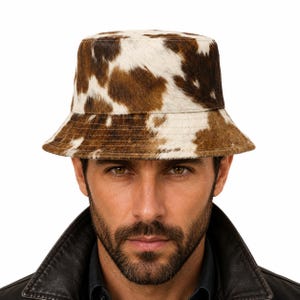 Chapeau en cuir de vachette véritable fait main chapeau de fourrure de style occidental unisexe marron et blanc chapeau imprimé vache accessoire de rodéo de festival