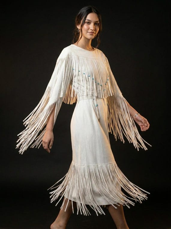 Women's Handmade white Suede Leather Long Fringes Wedding Outfit Native Inspired Powwow Regalia Suede Skirt Bohemian Beaded Dress