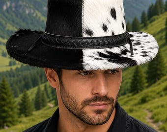 May include: A wide-brimmed hat featuring a split design with solid black fur on one side and white fur with black spots on the other. The hat includes a black braided leather band encircling the crown, providing a textured contrast to the fur.