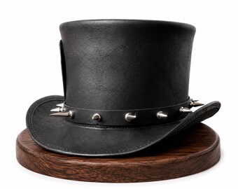 Handmade Black Leather Spiked Top Hat Punk Rock Gothic Steampunk Hat Biker Festival Cosplay Headwear Unique Gift for Him