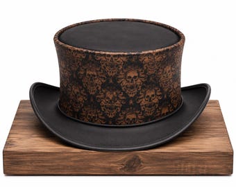 Handmade Black Leather Top Hat Skull Pattern Hat Gothic Victorian Renaissance Festival Costume Hat for Men Unique Gift Headwear