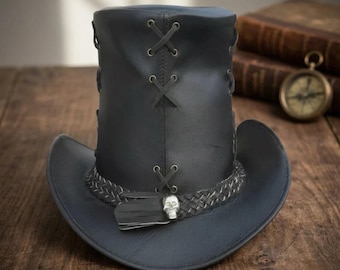 Black Leather Steampunk Top Hat Gothic Skull Band Witch Hat Victorian Leather Hat Steampunk Costume Hat Gifts For Him Gifts For Men