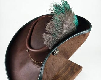 Handmade Brown Leather D'Artagnan Musketeer Hat Brown and Green Feather Pirate Cavalier Hat Green Trim Renaissance Hat