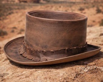 Distressed Leather Top Hat Brown Rustic Steampunk Trapper Hat Western Gothic Outlaw Gear Goth Hat Biker Hat vintage top hat