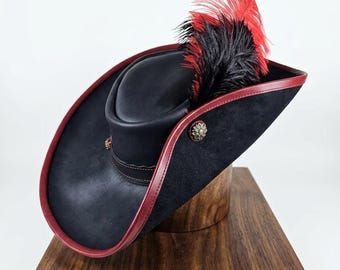 Handmade Black D'Artagnan Leather Musketeer Feather Hat Pirate Cavalier Hat Red Trim Renaissance Hat