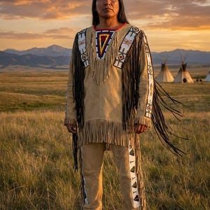 May include: A person in traditional Native American attire stands in a field. The outfit includes a tan suede shirt and trousers with fringe and beaded details. The background features teepees and a sunset.