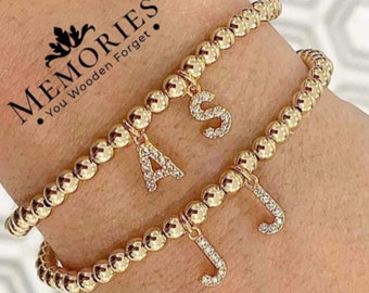 14K Gold Filled Beaded Bracelet with CZ Charm Initial