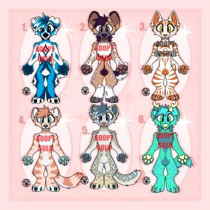 May include: Six anthropomorphic animal character designs arranged in two rows. Each figure features distinct fur patterns and colors, including blue, brown, orange, pink, and teal. Red text overlays indicate status, with one labeled UNSOLD.