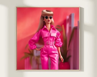 Impresión artística de mono retro de Barbie rosa intenso: decoración glamurosa de los 80 (descarga digital)