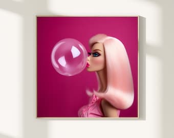 May include: A pink-haired doll blows a bubble with pink bubblegum against a bright pink background.