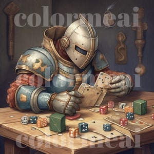 May include: A knight in armour sits at a wooden table playing a game with dice and cards. The knight is wearing a helmet and has a red and blue patterned armour. The table is covered in a brown cloth and has a variety of dice and cards scattered across it.