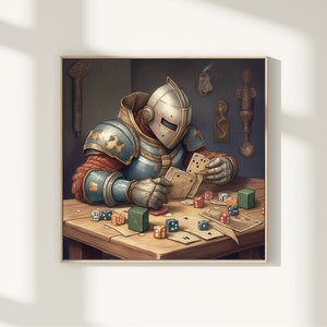 May include: A knight in blue and silver armour sits at a wooden table playing a game with cards and dice. The table is covered in playing cards, dice, and a red cloth. The knight is wearing a helmet with a visor and has a serious expression on his face.