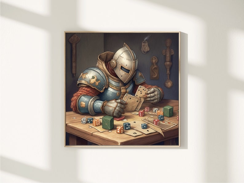 May include: A knight in blue and silver armour sits at a wooden table playing a game with cards and dice. The table is covered in playing cards, dice, and a red cloth. The knight is wearing a helmet with a visor and has a serious expression on his face.
