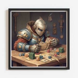 May include: A knight in blue and silver armour sits at a wooden table, playing a game with dice and cards. The knight is wearing a helmet with a visor and has a red and orange scarf around his neck. There are several dice and cards on the table, as well as a few other objects, including a small lamp and a metal hook.