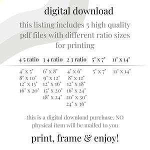 May include: A digital download listing for printable art prints in five different aspect ratios: 4:5, 3:4, 2:3, 5" x 7", and 11" x 14". The listing includes a table showing the different sizes available for each ratio, ranging from 4" x 5" to 24" x 36". The text "print, frame & enjoy!" is at the bottom of the image.