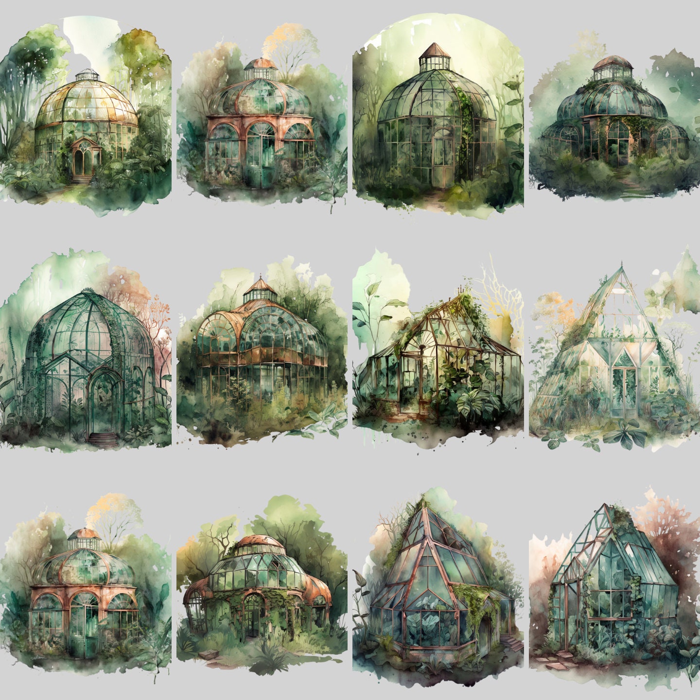 24 Watercolour Cottagecore Greenhouses Overgrown by Nature PNG Etsy