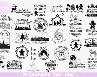 May include: A set of 27 black and white Christmas-themed SVG and PNG graphics. The graphics feature various Christmas-related designs, including gingerbread men, Christmas trees, snow globes, and holiday greetings in German and English.