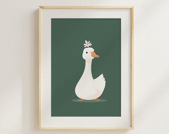 Goose wall mural cute goose poster nursery decoration farm animal printable nursery illustration, goose nursery PDF JPG goose flower