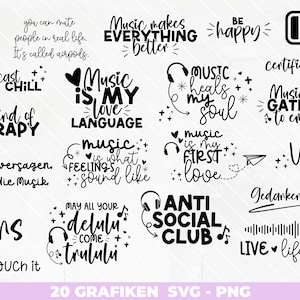 Könnte beinhalten: Ein Set mit 20 schwarz-weißen SVG- und PNG-Grafikdesigns mit Musik-bezogenen Zitaten und Illustrationen. Einige der Zitate beinhalten "Musik ist meine Liebessprache", "Musik heilt meine Seele" und "Musik ist, wie sich Gefühle anhören".