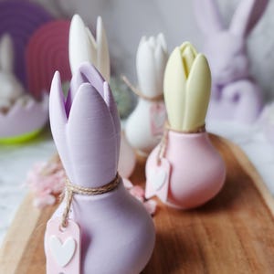 K&ouml;nnte beinhalten: Eine Sammlung von tulpenf&ouml;rmigen Dekorationen in Pastellfarben. Die Tulpen sind in den Farbt&ouml;nen Lavendel, Wei&szlig; und Gelb gehalten, mit einer Schnurakzentuierung und einem herzf&ouml;rmigen Anh&auml;nger. Ein Holztablett und Osterhasen-Dekorationen befinden sich im Hintergrund.