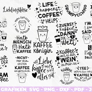 Caffè SVG, file plotter, file laser, Coffee PNG, bevanda calda, detti, tedesco, bundle, icone vettoriali, café PNG clipart