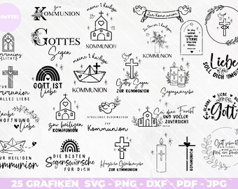 Peut inclure: Un ensemble de 25 graphiques numériques en noir et blanc représentant des images religieuses et du texte en rapport avec la communion. Les graphiques comprennent des croix, des colombes, des bateaux, des bougies, des arcs-en-ciel et du texte en allemand.