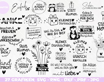 Puede incluir: Un conjunto de 27 gráficos digitales en blanco y negro con varias frases e ilustraciones. Los gráficos incluyen frases como "Gracias", "Para ti", "Pequeña sorpresa", "En lugar de flores", "Una pequeña cosa", "Hecho a mano", "El mundo es hermoso porque estás en él", y "Con amor". Las ilustraciones incluyen un ramo de flores, una caja de regalo, un corazón, un animal pequeño y un frasco con un corazón.