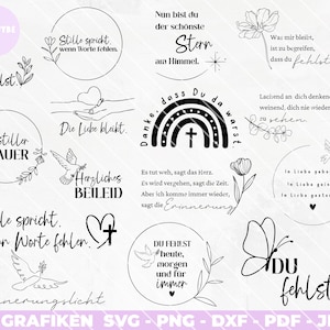 Paquet de complot de deuil Adieu Funérailles Dictons Lumière funéraire Allemand Tu nous manques Lumière de réconfort Dire au revoir SVG Png DXF Carte de deuil