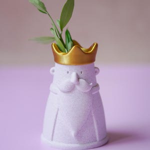 Peut inclure: Un vase mauve clair mouchet&eacute; en forme de personnage avec une moustache et une barbe, surmont&eacute; d'une couronne dor&eacute;e m&eacute;tallique. Le vase pr&eacute;sente de petites oreilles et une barbe pointue, avec un brin de feuilles vertes sortant de l'ouverture.