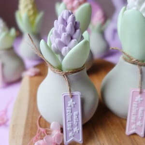 May include: A collection of decorative ceramic vases, each shaped like a bulb, holding colorful hyacinth flowers. The flowers are in shades of purple, pink, yellow, and white, with green leaves. Each vase has a tag with text and is tied with twine.