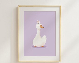 Goose wall mural cute goose poster nursery decoration farm animal printable nursery illustration, goose nursery PDF JPG goose flower
