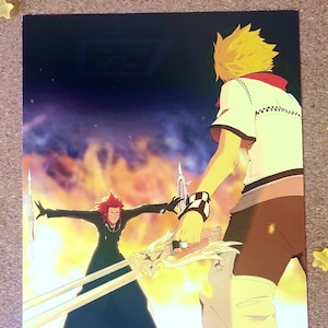 May include: A colorful illustration of two characters from a video game. One character is wearing a red and black outfit and holding a sword. The other character is wearing a white and yellow outfit and holding a sword. The background is a dark blue with flames.