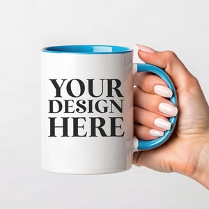 Blue Accent Mug Mock up | White Mug with Blue Handle & Interior | Custom Mug Mockup | POD MockUp