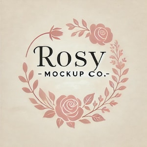 May include: A logo design with the text "Rosy - Mockup Co." in black lettering surrounded by a wreath of pink roses and leaves.