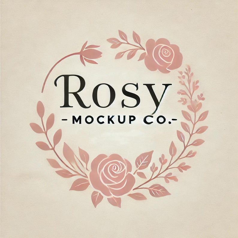 May include: A logo design with the text "Rosy - Mockup Co." in black lettering surrounded by a wreath of pink roses and leaves.