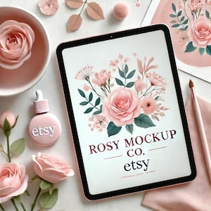 May include: A pink tablet mockup with a floral design and the text "Rosy Mockup Co. etsy" on the screen. The tablet is surrounded by pink flowers and other decorative elements.