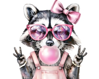 Retro Raccoon Girl Clipart | Cute Aesthetic Digital Download | Pink Bubblegum PNG | Trendy Clipart For Shirts Mugs