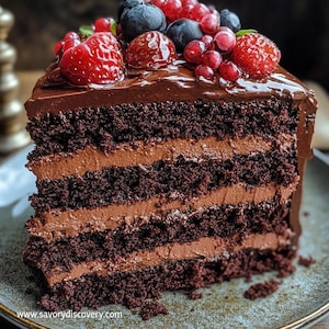 Op de afbeelding: Een plak chocoladetaart met lagen chocolade glazuur en chocoladetaart. De taart is bedekt met verse blauwe bessen, frambozen en rode bessen.