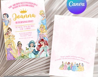 May include: A pink and white invitation card with a gold crown and the text "You are royally invited to a magical celebration Joanna is turning five!"  The card features a group of Disney princesses, including Cinderella, Snow White, Ariel, and Belle.
