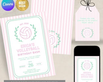 Volleyball Birthday Party Invitation Volleyball Invite Digital Template Minimalist Pink Sports invite Editable Birthday Invite Volleyball