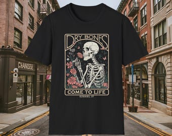 Camiseta Ezequiel 37: Huesos secos cobran vida, diseño de esqueleto floral