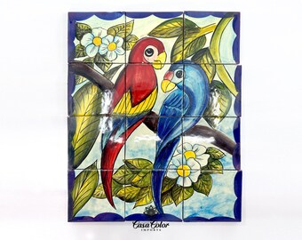 Hand-Painted Talavera Tile Mural: Parrot Art, 16x12