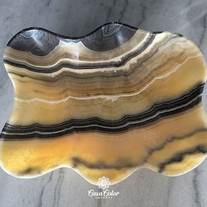 Extra Large Onyx Hand-Carved Beige Decorative Bowl, Centerpiece Bowl for Dining Room Table.