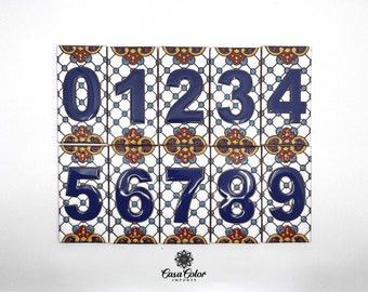 Handmade Mexican Talavera house address blue numbers. Handmade tile.