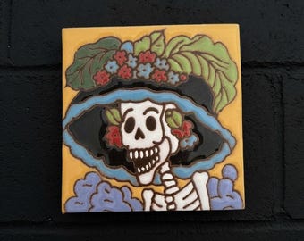 4x4 Inch Catrina Hand-Painted Skeleton Tile