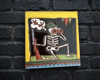 4x4 Inch Hunter Hand- Painted Skeleton Tile